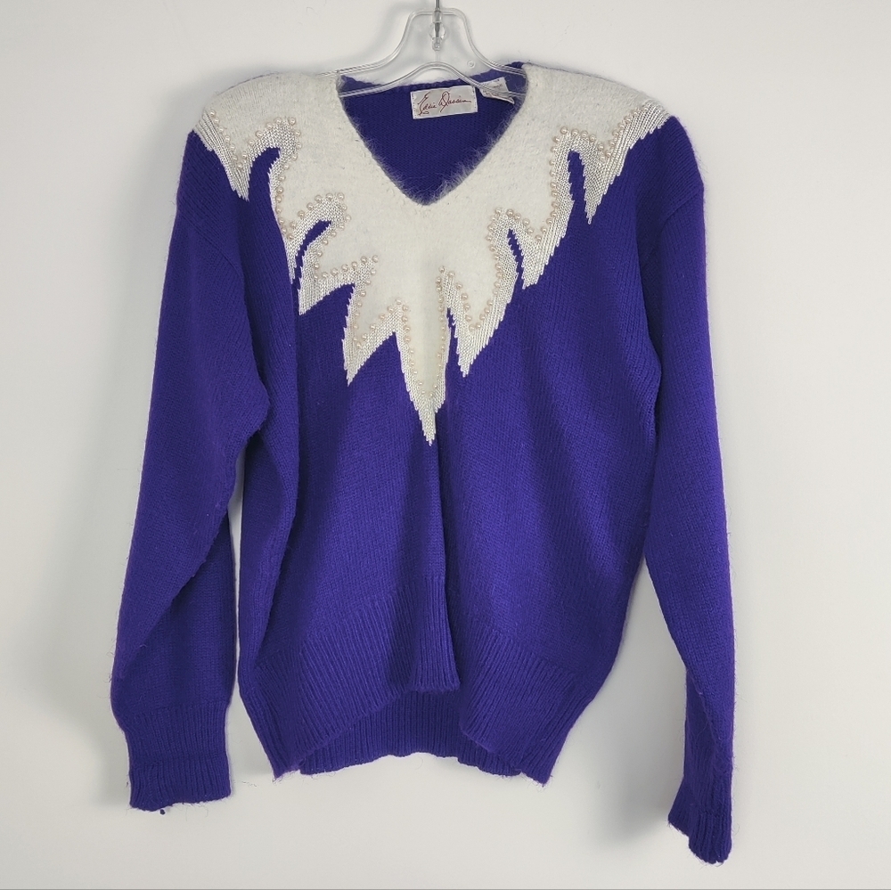 Vintage 80s Funky Eddie Dassin Embellished Purple & White Sweater M Pearls